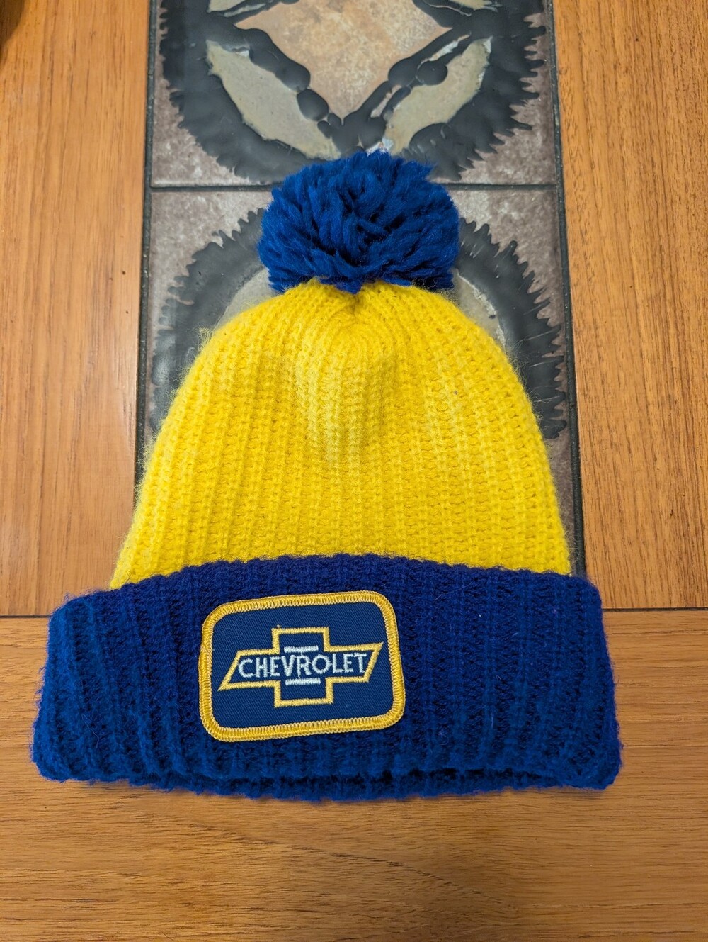Vintage 80s Chevy Chevrolet Blue Yellow Beanie Pom Pom Retro Automotive Winter